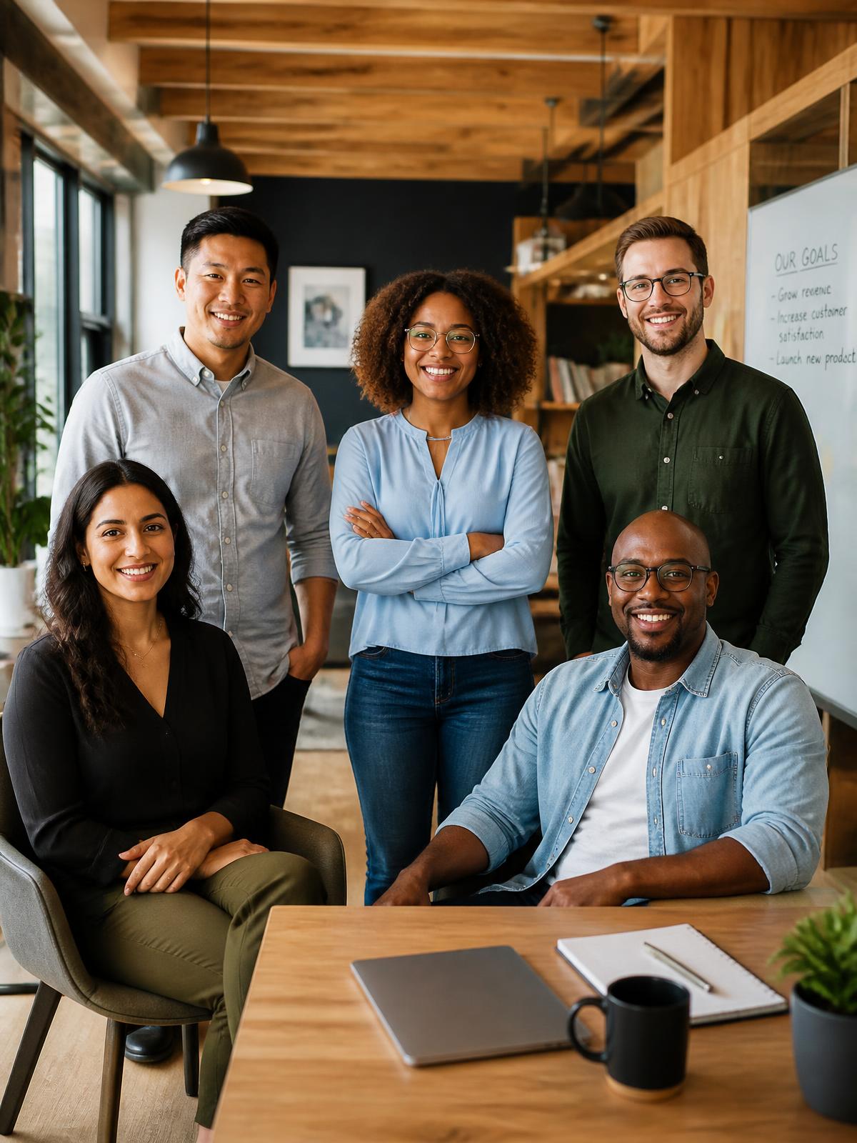 Diverse team of insurance professionals in a modern wood-accented office
